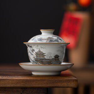 Ceramic Three Talents Lidded Bowl - Premium Chinese Landscape Kung Fu Tea Set