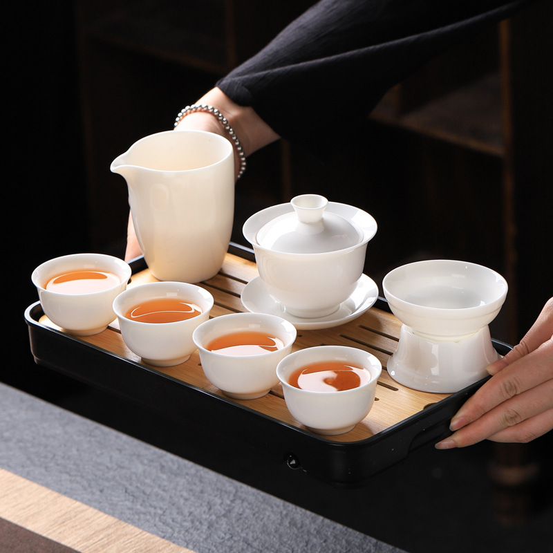 White Porcelain Tea Set with Lamb's Fat Jade Finish - Image 2